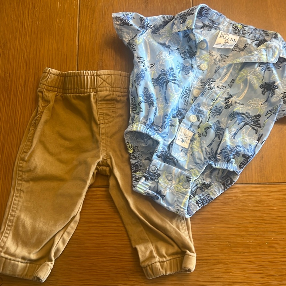 Infant boys tan pants and blue shirt